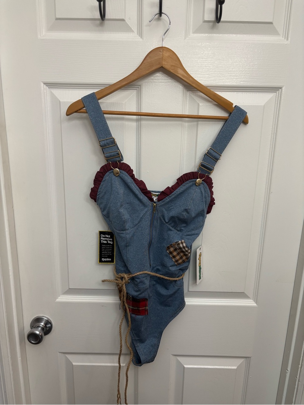 Blue Denim Sexy Scarecrow/Cowgirl Bodysuit Costume with Burgundy Ruffle Trim
